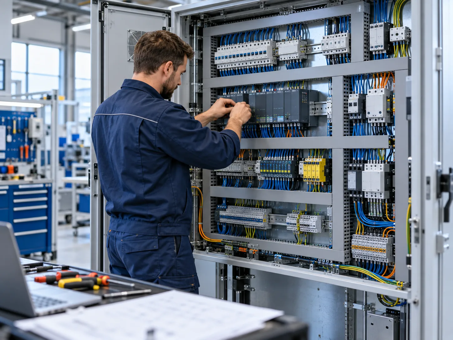 Technician assembling and testing an industrial electrical panel